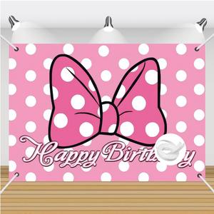 Pink Cartoon Dot Birthday Party Backdrop Banner with Bow Design, 59.1 x 39.4 inches, Photo Background with 32ft Ribbon