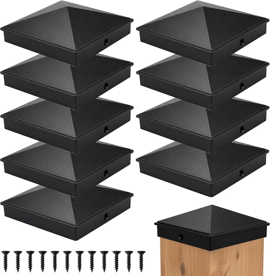 4x4 Post Caps (Fits True 3.5" x 3.5" Wood Posts) - Matte Black Aluminum Pyramid Style, Durable Metal Toppers for Fence, Deck, and Mailbox Protection (10 Pack)