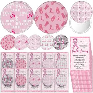 Geelin 60 Sets Breast Cancer Awareness Accessories for Women Mini Pocket Mirrors Pink Ribbons Portable Round Makeup Mirror with Think Pink Fight Card for Charity Recognition Public Event Survivor