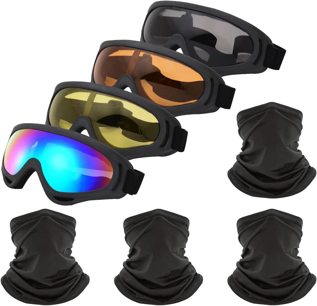 Motorcycle Goggles,4 Pack Dirt Bike ATV Motocross Riding Offroad Protective with 4 Pack Neck Breathable Bandana Mask for Men Women Kids Youth Adult (Yellow+colorful+orange+gray+4 Mask)