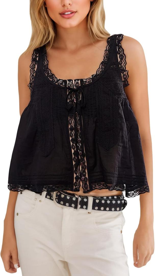 Womens Summer Boho Lace Tie Front Relaxed Fit Thin Sheer Tank Flowy Vest Tops Button Down Sleeveless Y2K Clothes (Black, M)