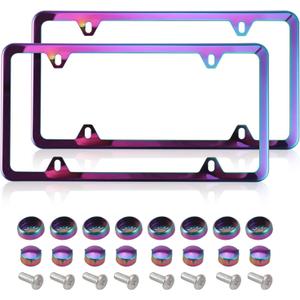2 Pack Iridescent License Plate Frame, Stainless Steel Rustproof License Plate Bracket, 4-Hole Universal US License Plate Holder, Weatherproof Mirror Polish Rainbow Frame with Screws & Caps