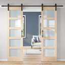 Double 2484 inch Glass Sliding Barn Door Slab with 8ft Hardware Kit Included, 5-Panel Frosted Glass, Spruce Wood Support DIY Dyeing, Easy Assembly