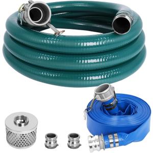 2 Inch Suction Hose kit for Trash Pump, Includes 2" x 65' Blue PVC Backwash Discharge Hose & 2" x 20' Green PVC Suction Hose & Aluminum Round Hole Suction Strainer & Cam and Groove Adapter
