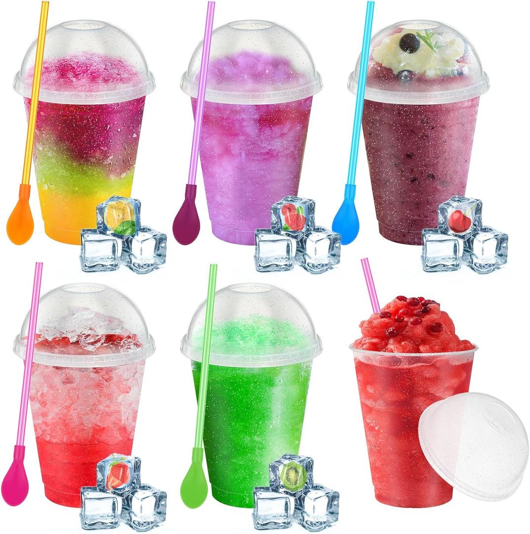 6 Set Slushie Cups with Dome Lids and Straws Detachable Spoon Straws Reusable Plastic Iced Coffee Cups Smoothie Tumbler for Birthdays Summer Party Supplies(Transparent White,16 oz)