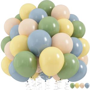 Sage Green Dusty Blue Yellow Balloons Set, 60Pcs 12 Inch Olive Green Macaron Yellow Slate Blue White Sand Cream Latex Balloons for Birthday Wedding Baby Shower Wild One Party Deocrations Supplies
