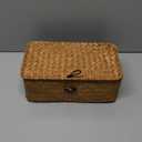 Wicker Storage Basket with Lid, Natural Seagrass Storage Baskets for Organizing, Rectangular Woven Basket for Storage, Decorative Boxes Bins with Lids Home Organizer Decor (9.05" x 5.11" x 3.34")