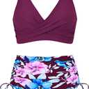 Women's High Waisted Bikini Sets V Neck Twist Front Ruched Bathing Suit Padded Lace Up Back Two Piece Swimsuit (L)