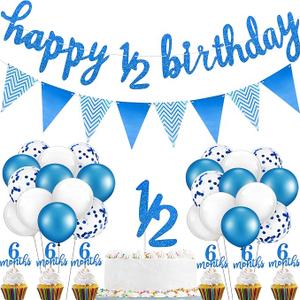 1/2 Half Birthday Decorations 6 Months Outfit Baby Boy Banner Cupcake Topper Triangle Flag Banner Confetti Balloons Cake Topper for Girl Boy Baby Shower(Dark Blue)