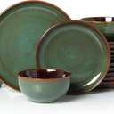 Pokini Stoneware Dinnerware Sets for 6, Microwave Safe Plate and Bowl Set, Easy to Clean & Durable Dishes Sets for Small to Medium Families, Sage Green