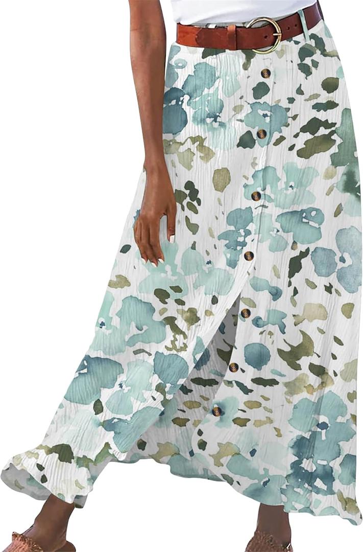 YMING Women's Button Front Maxi Skirts High Waist Boho A Line Skirt Cotton Linen Pleated Skirt Graffiti (Mint Green, L)