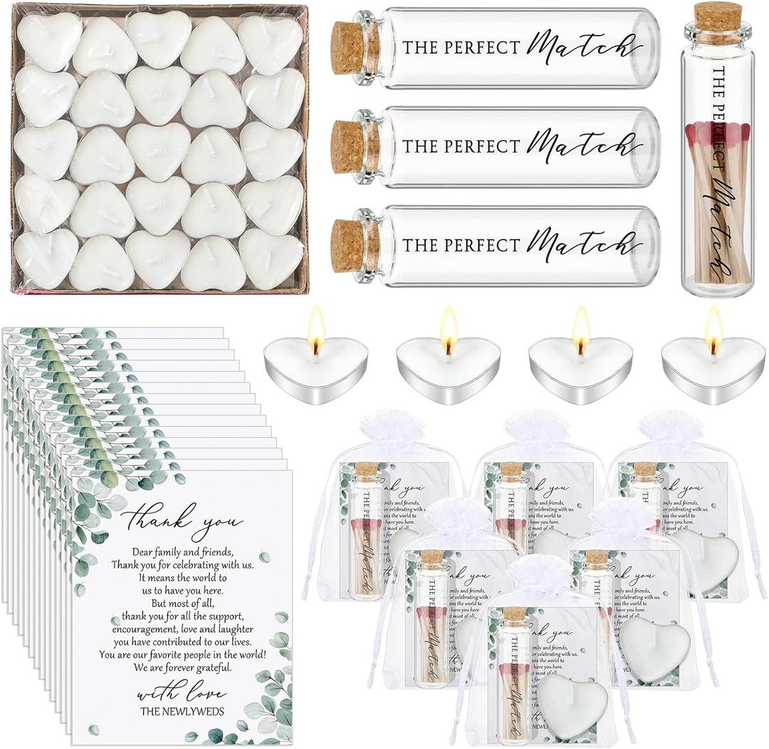 100 Sets Wedding Party Favors for Guests Bulk Including Mini Heart Shaped Candles and Empty Matches Jars with Cork Top Thank You Cards and Organza Bags for Wedding Bridal Shower Party Souvenir