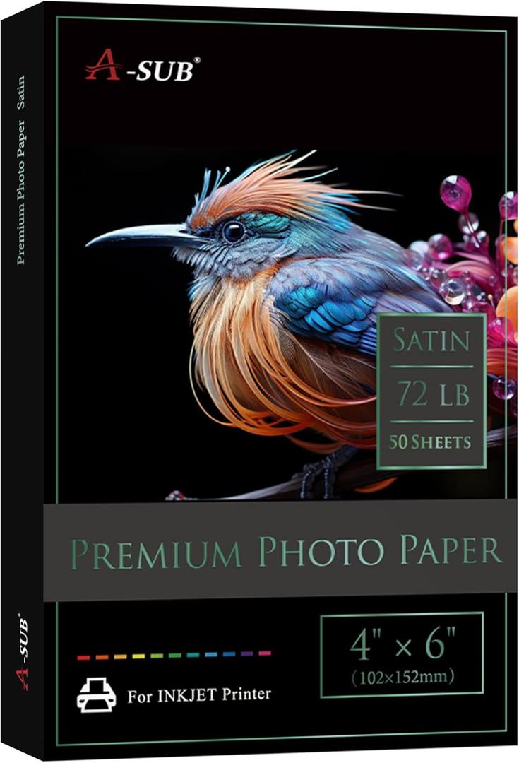 A-SUB Premium Photo Paper Satin 4x6 72lb for Inkjet Printers 50 Sheets, Single Sided