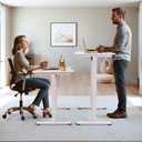 yaaqoo Small Standing Desk with Wheels, 35" x 24" Whole Piece Electric Height Adjustable Desks, Rolling Sit Stand Workstation with Cup Holder, Hook, White Frame, Oak Table Top