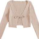 Floerns Women's Tie Front Long Sleeve Rib Knit Shrug Sweaters Cardigan Crop Top (Large)