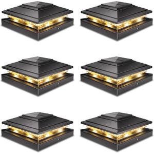 Post Caps Lights Outdoor 6pack, Waterproof Fence Post Solar Lights for 4x4 5x5 6x6 Wood/Vinyl Posts, Black Solar Deck Post Lights with 2 Color Modes Decorate Garden Patio Porch Backyard