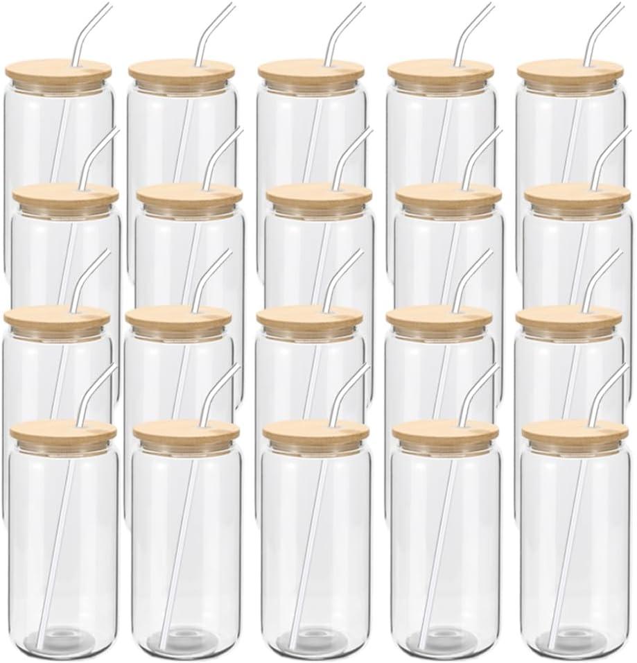YOUKE OLA 20 Pack Glass Cups with Bamboo Lids and Glass Straw 16oz Beer Can Shaped Drinking Glasses Cups, Glass Tumbler Reusable Cute Cups for Whiskey, Iced Coffee, Tea, Soda, Cocktail, Gift, Clear