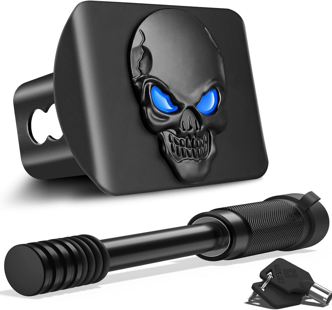 OGYE Metal Skull 3D Emblem Hitch Cover Fits 2" Receivers(with 5/8" Pin Dia Anti-Theft Trailer Hitch Lock,Blue Eye)