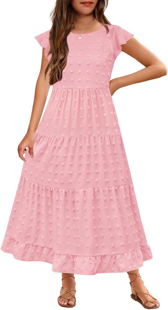 HOSIKA Girls Maxi Dress Ruffle Sleeve Swiss Dot A Line Tiered Flowy Casual Party Dresses with Pockets for 6-12 Y (Pink, XL)