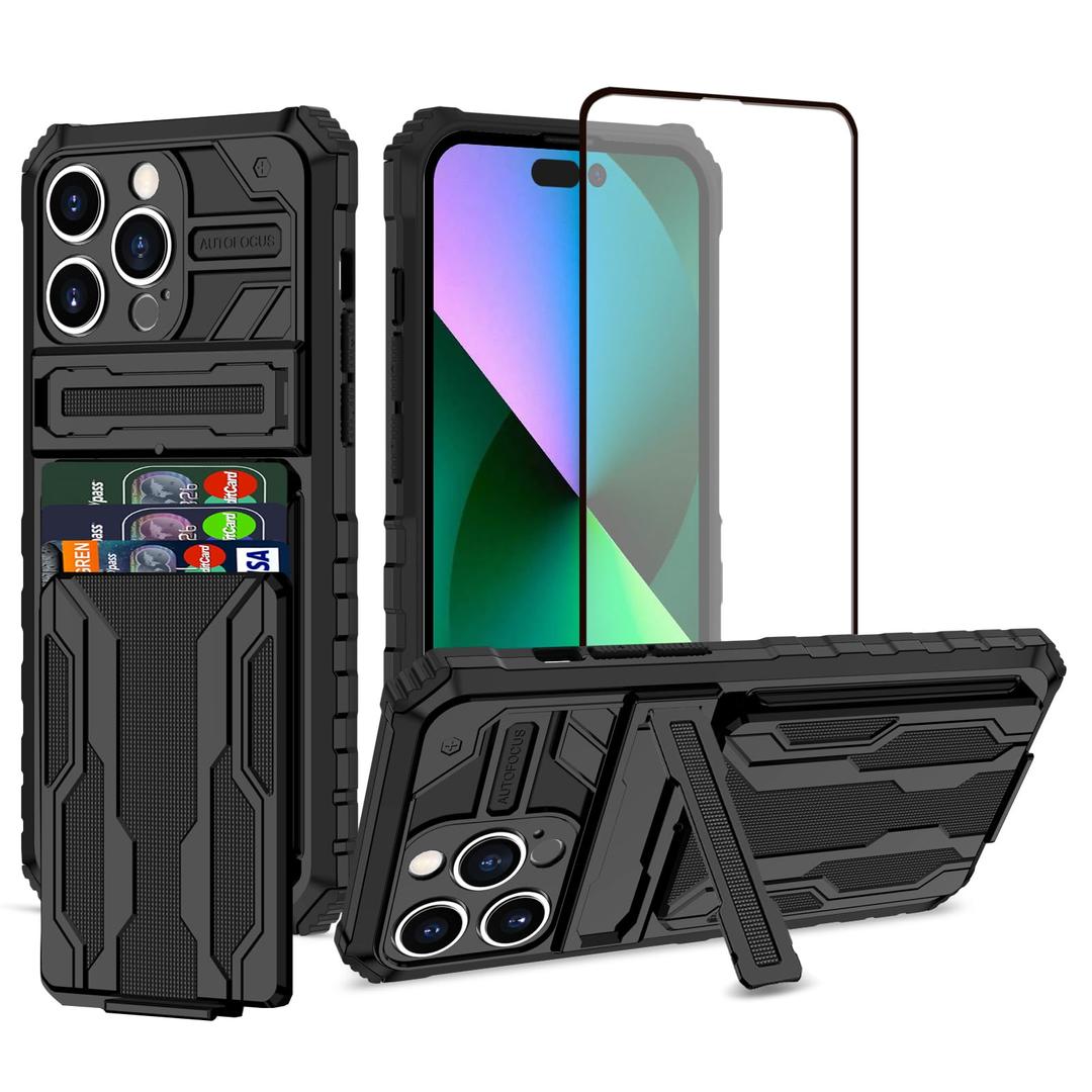 for iPhone 15 Pro Max Case with Card Holder Detachable Wallet Cover, Built-in Kickstand & Screen Protectors, Full Body Shockproof Phone Case for iPhone 15 Pro Max (6.7 Inch), Black