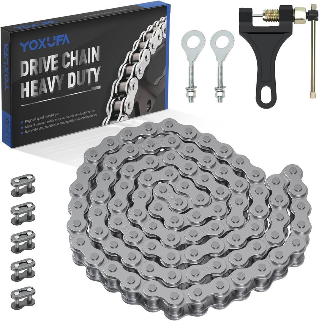 YOXUFA 420 Chain with Mini Bike Chain Breaker Replacement for Coleman Mini Bike CT200U BT200X CT200U-EX Baja Warrior MB200 TrailMaster Predator 212cc 196cc 6.5hp Powersports Parts 90 Links Drive Chain