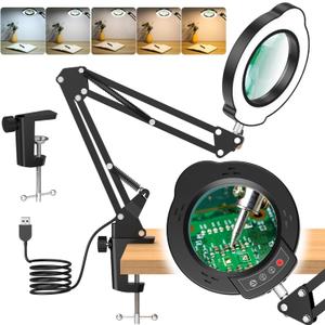 10X Magnifying Glass with Light and Clamp, 5 Color Modes Stepped Dimmable 2-in-1 with LED Desk Lamp, Hands Free Magnifier with Light for Close Works Craft Hobby Painting Reading DIY Repair (Black)