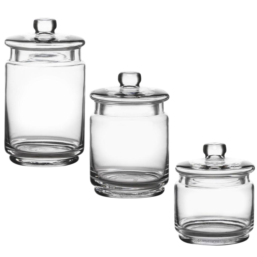WHOLE HOUSEWARES Glass Apothecary Jars with Lids - Set of 3 for Bathroom Storage, Qtip & Cotton Swab Holder - Perfect for Laundry Room & Makeup Desk Organization, Clear Glass Container Set (4.5 Inch)