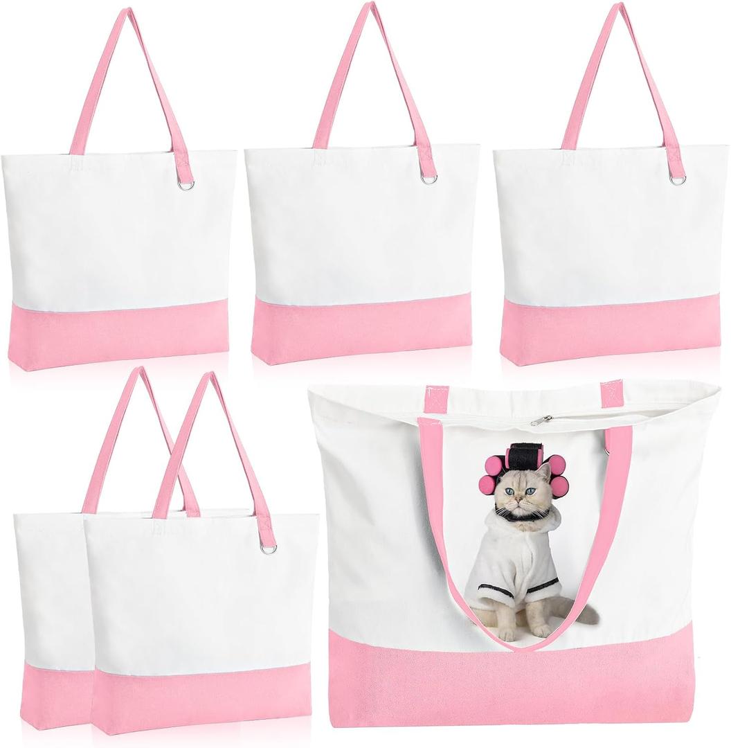 6-Pack Canvas Tote Bag with Zipper, Large Reusable Grocery Tote, Pink | Blank bags, washable, inner pocket, flat bottom, sturdy handle, for sublimation DIY/transfer, travel/beach/Christmas crafts