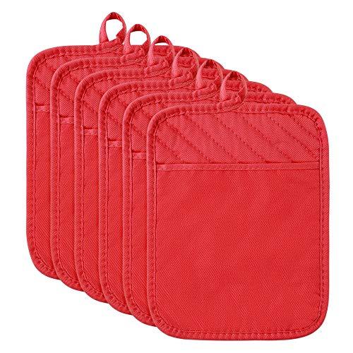 R HORSE 6Pcs Christmas Red Pot Holders with Pocket for Kitchen Cotton Pocket Pot Holder Set Heat Resistant Potholder Terry Coaster Oven Mitts Hot Pads Trivet for Baking Cooking 7''x9''