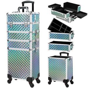 Stagiant Rolling Makeup Case Cosmetology Case on Wheels 4 in 1 Makeup Travel Case Large Cosmetic Organizer Storage with Key Swivel Wheels Nail Artist Salon Traveling Cart Trunk Watery Blue