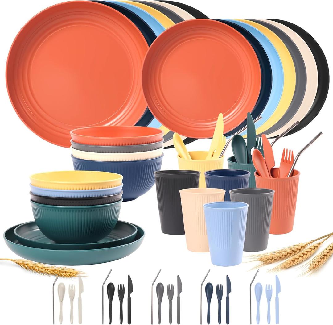64PCS Wheat Straw Dinnerware Set for 8 BPA Free Kitchen Unbreakable Set for Home Outdoor Camping Assorted Color