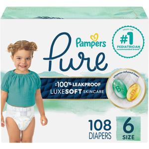 Pampers Pure Baby Diapers, Size 6 (35+ lbs), 108, Up to 100% Leakproof, Premium Hypoallergenic Soft Diapers