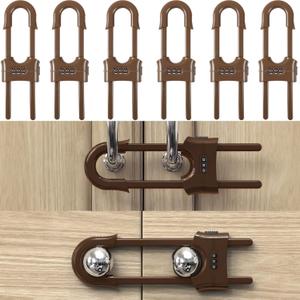 6 Pack Child Proof U-Shaped Code Sliding Cabinet Door Locks Adjustable Baby Safety Plastic Cupboard Cabinet Latches Set for Knob Handle Drawers Closet Coffee