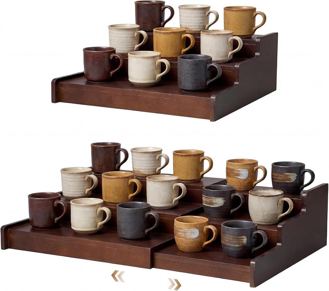 Novabright 1 Pcs 3-Tier Expandable Mug Holder Cabinet,Walnut Wood Color | 12.4"-24" Adjustable Width, Coffee Display Shelf, Countertop and Pantry Storage, No Assembly, Space Saving Organizer
