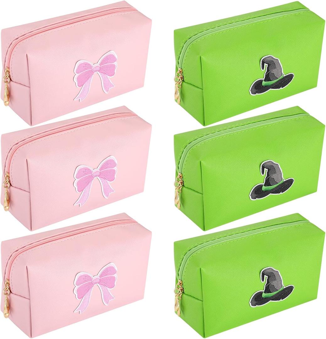 Vesici 6 Pcs Halloween Princess and Witch Party Favors Makeup Bag Pink and Green Witch Theme Pouch with Zipper Cute PU Leather Travel Toiletry Bag Gifts Ideal for Women Friend Mom