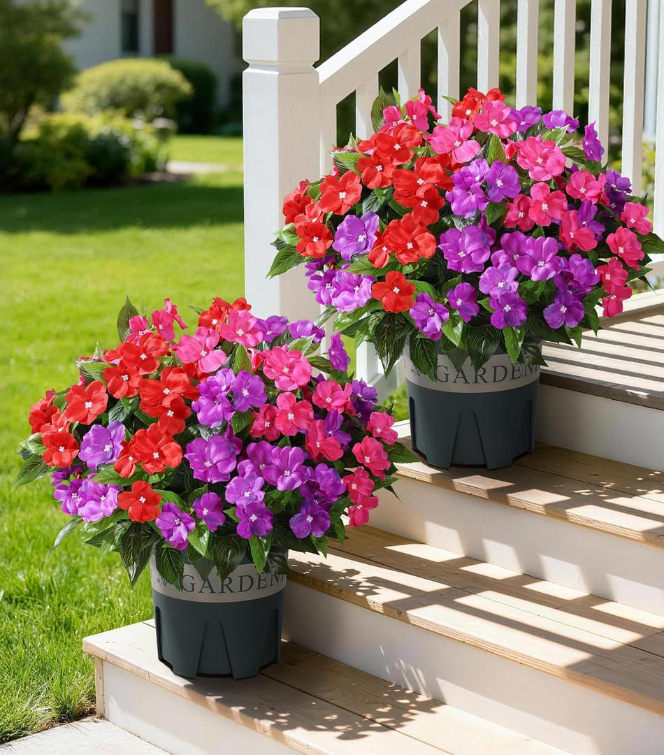 Artificial Flowers for Outdoors, 2 Set Fake Potted Flowers 12 Bundles UV Resistant Realistic Silk Faux Impatiens with Pot for Outside Balcony Garden Window Box