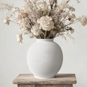 Large White Ceramic Vase Home Decor, Round Rustic Table Vases Farmhouse Living Room Entrway Kitchen Bedroom DecorationsMinimalist Hand-Made Textured Vase (10.8 Sandstone White)