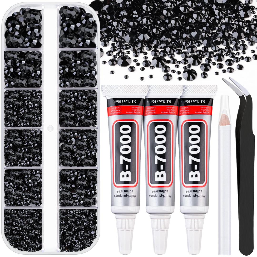 Resin Black Rhinestones for Bedazzling with B7000 Jewelry Glue, 1 Box Flatback Crystals with 3Pcs 10ml Glue for Crafting, Gems for Nail Art Makeup