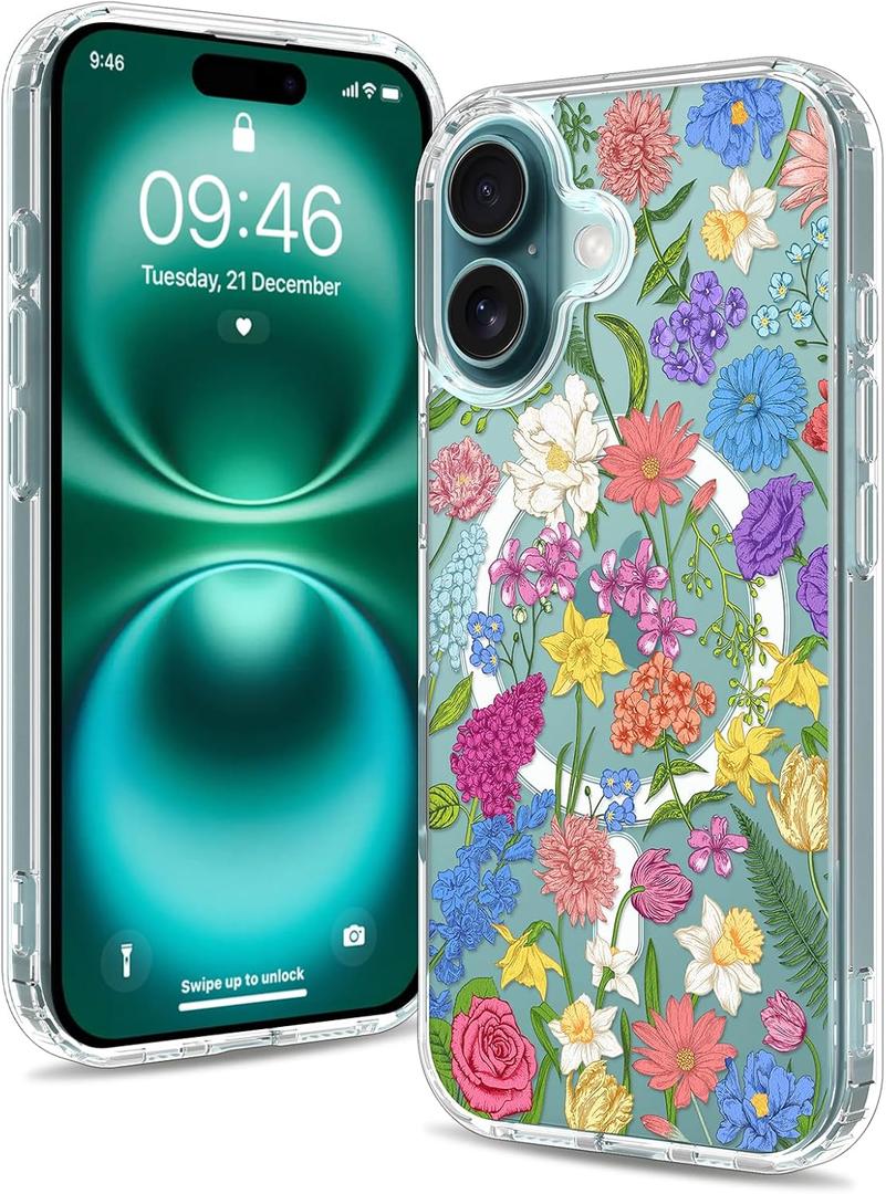 Magnetic for iPhone 16 Case [Compatible with MagSafe] Colorful Floral Flower Pattern Design, Clear Slim Shockproof Protective Phone Cover for Women Girls