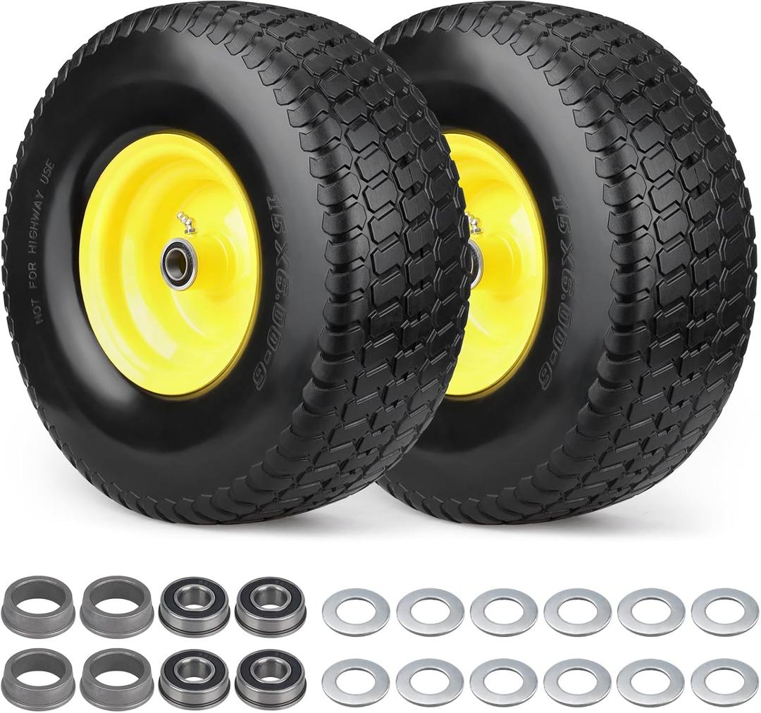 2 Pcs 15x6.00-6 Flat Free Lawn Mower Tire and Wheel, 15x6-6 nhs Lawn Mower Front Tires, Compatible with John Deere Riding Mowers Lawn Tractors, with 3/4" & Extra 5/8" Bearings, 3"-4.4" Centered Hub, Missing Bearings