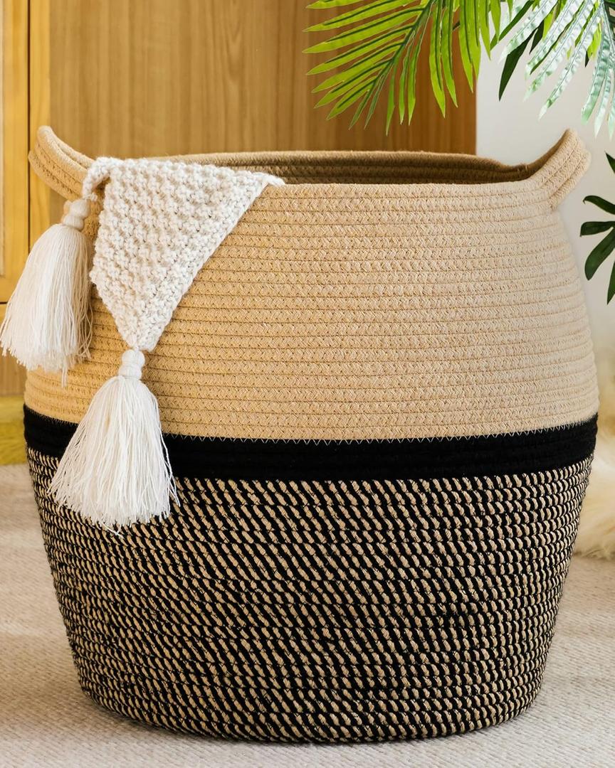 KAKAMAY Woven Baskets for Storage(17"x17"),Large Cotton Rope Woven Baby Laundry Hamper,Collapsible Laundry Basket, Blanket Basket for Organizing Living Room,Nursery,Clothes,Toy Chest (Black) 