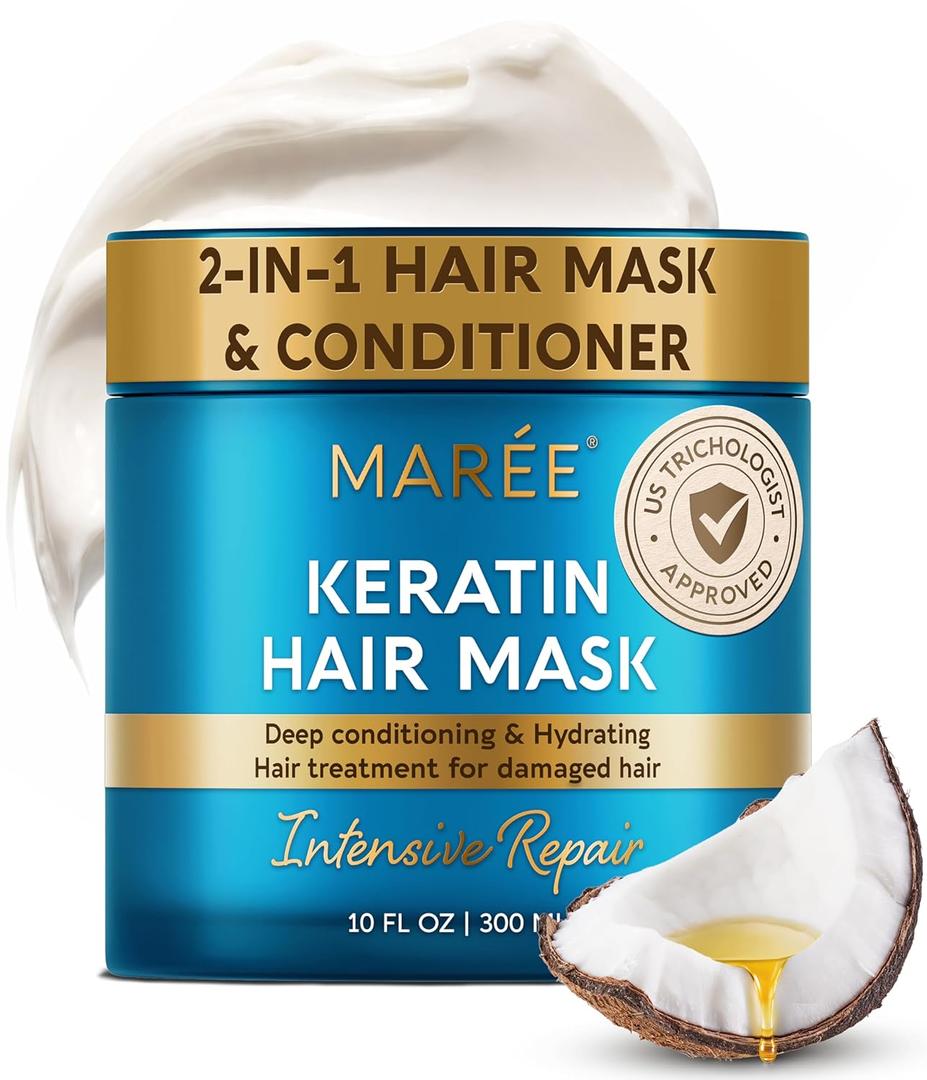 MAREE Deep Conditioning Hair Mask for Damaged Hair Treatment - Keratin Hair Care for Hydrating Growth Repair Moisturizing - Dry Curly Color Refreshing - Tratamiento Mascarilla Para el Cabello Seco (10 Fl Oz (Pack of 1), White)