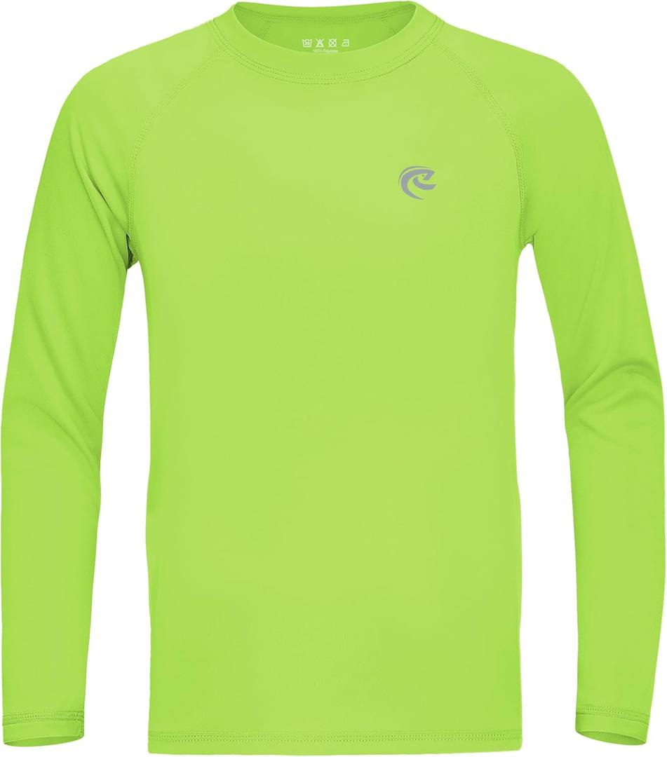 Boys UPF 50+ Swim Shirt Long Sleeve, 1 or 2 Pack UV Sun Protection Rash Guard, Youth Kids SPF Water Shirts for Beach Surf (10, Green)