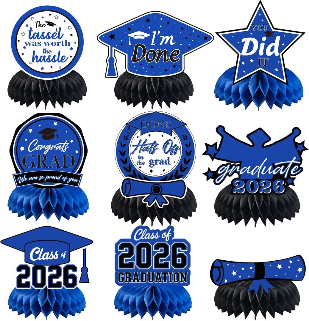 Graduation Decorations 2026 2027 - Blue Graduation Honeycomb for Table Centerpiece | Graduation Party Decorations Class of 2026,Table Toppers for Graduation Party Favors Supplies Indoor Outdoor