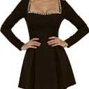 Womens Long Sleeve Faux Pearl Black Mini Dress Square Neck A Line Elegant Short Wedding Party Dresses (Black, L)