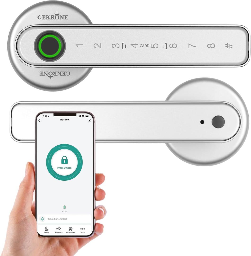 Fingerprint Smart Lever Lock TUYA APP Control Keyless Entry Bluetooth Touchscreen Indoor Handle Biometric Electronic Digital Door Knob with Keypad Suitable for Hotel Office Apartment Bedroom (Silver)