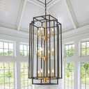 12-Light Lantern Tiered Pendant Light Fixtures, Black Metal Farmhouse Chandelier Hall Foyer Hanging Chandelier for Kitchen Island Dining Room Living Room Foyer Entryway, Black+Gold