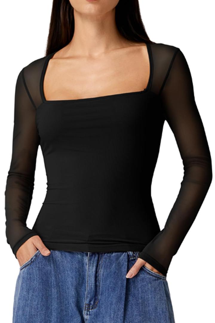 QINSEN Women's Sheer Long Sleeve Square Neck Fitted Top Minimalist Mesh Sleeve Blouse for Everyday Black S (Black, S)