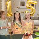 15th Birthday Decorations for Girls Gold with 15th Birthday Crown and Sash, Candles and Cake Topper, Number Balloons, Sweet 15 Year Old Gifts for Girls