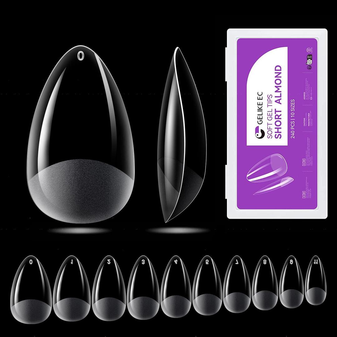 2 x Gelike ec Short Almond Nail Tips: 240PCS Soft Gel Tips for Almond Shaped Full Cover Gel Nail Tips Pre Etched - PMMA Resin Clear False Nails 10 Sizes